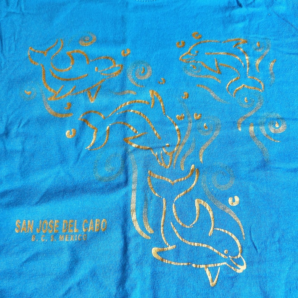 San Jose Del Cabo Mexico Dolphin Graphic T-Shirt Blue Gold Foil‎ *Details For Sz